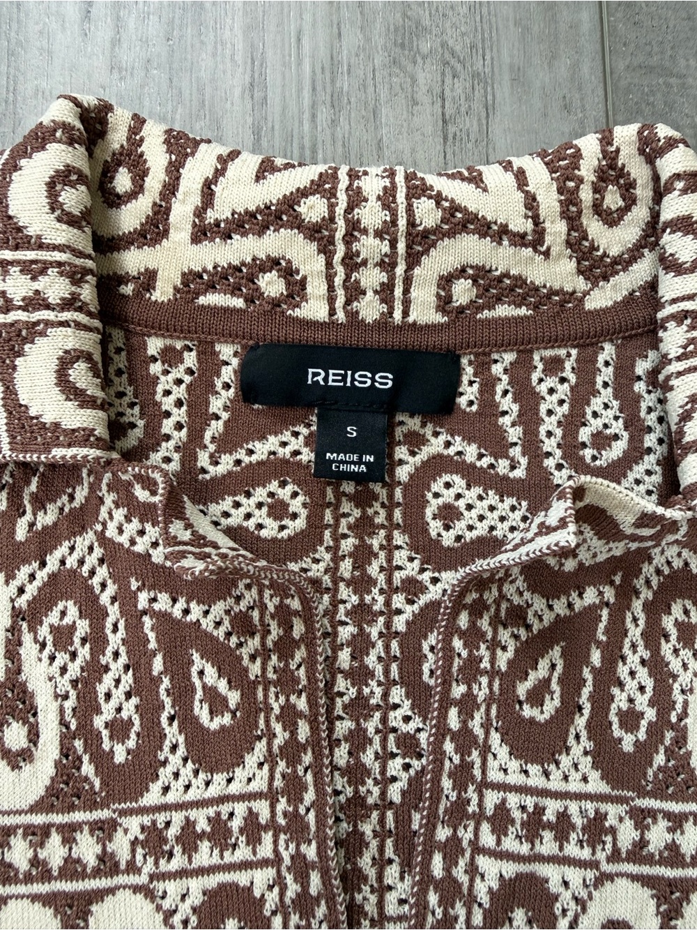 Reiss River Tile Pattern Knit Shirt Brown White Cuban Collar Men's Small - Picture 5 of 10